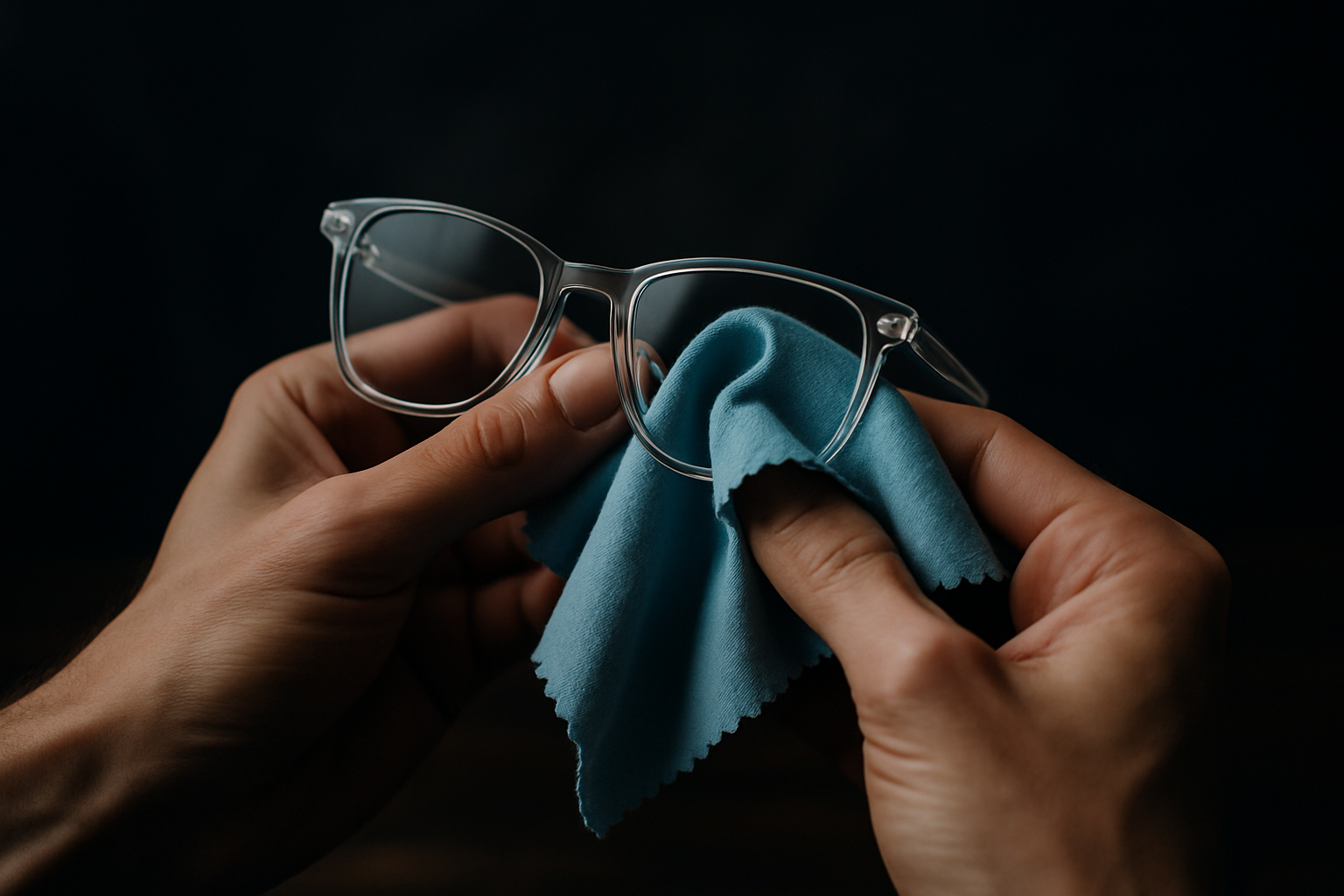 ich möchte ein Bild haben, wo man 2 Hände sieht die mit einem Mikrofasertuch eine Brille putzen. Das Bild soll echt aussehen. Der Hintergrund soll dunkel aussehen. 